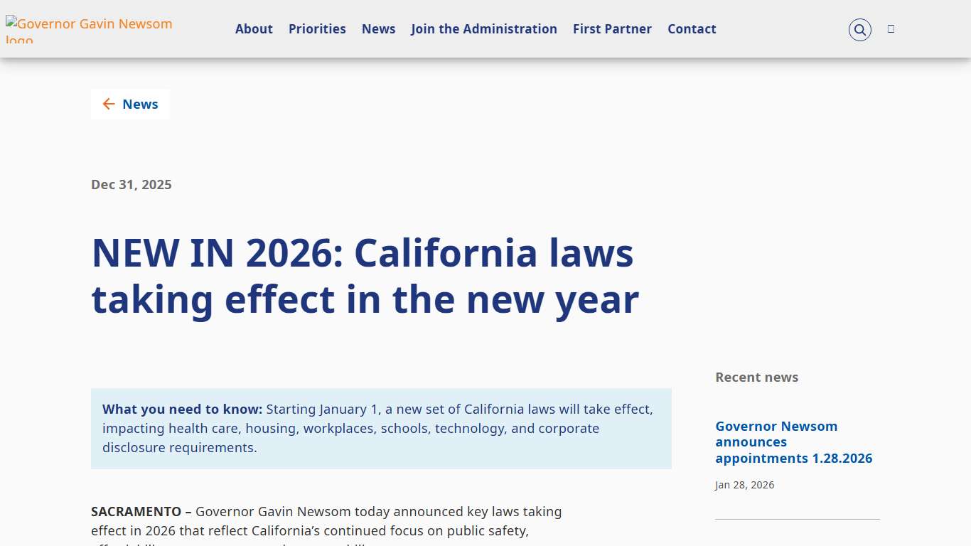 NEW IN 2026: California laws taking effect in the new year Governor of California