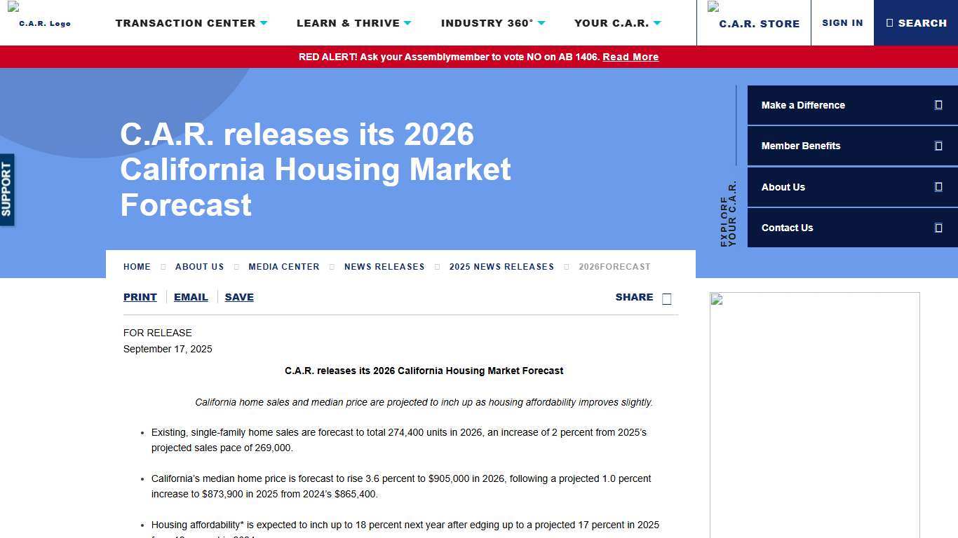 C.A.R. releases its 2026 California Housing Market Forecast