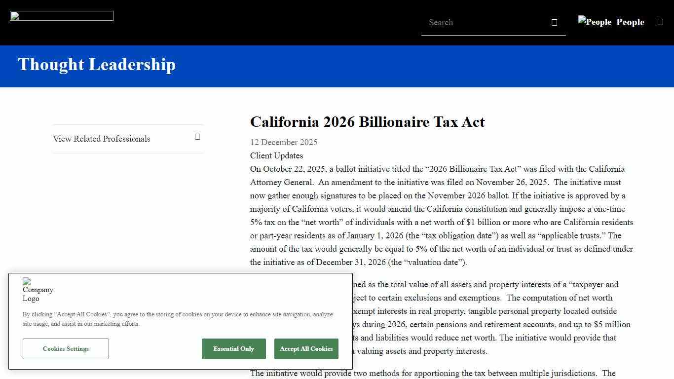California 2026 Billionaire Tax Act Thought Leadership Baker Botts